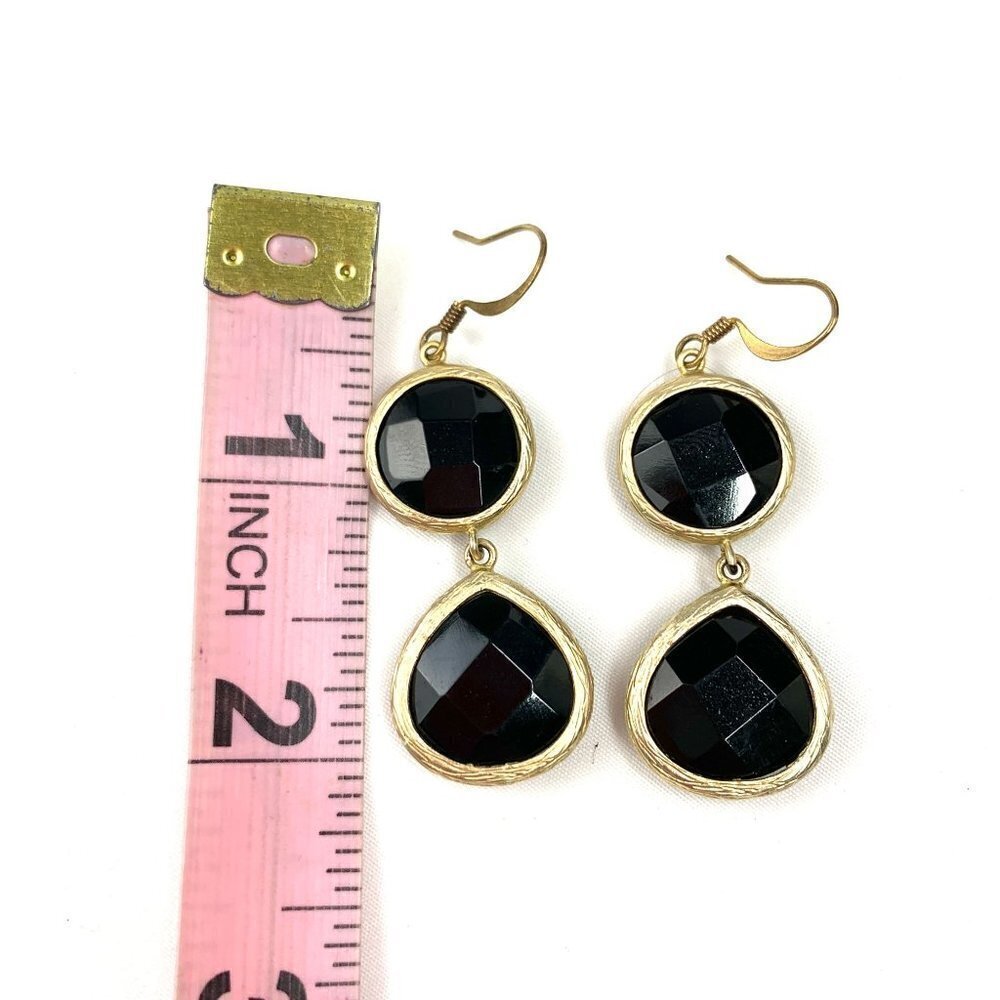 Dual Princess Cut Inset Stone Drop Earrings - Black/Gold 2" - Picture 6 of 6